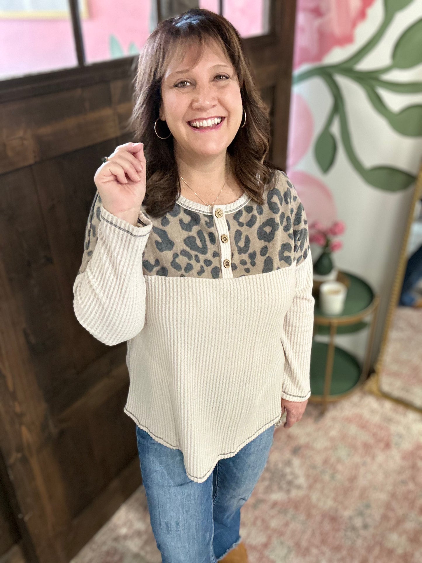 Oatmeal Waffle Leopard Print Top