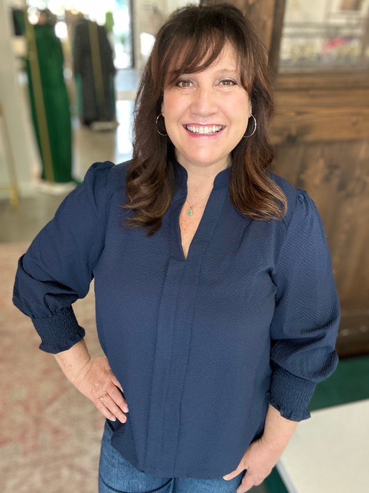 Navy Textured V-Neck Blouse