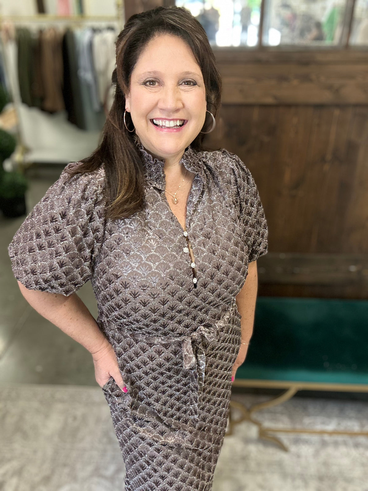 Silver Mink Metallic Burnout Print Midi Dress