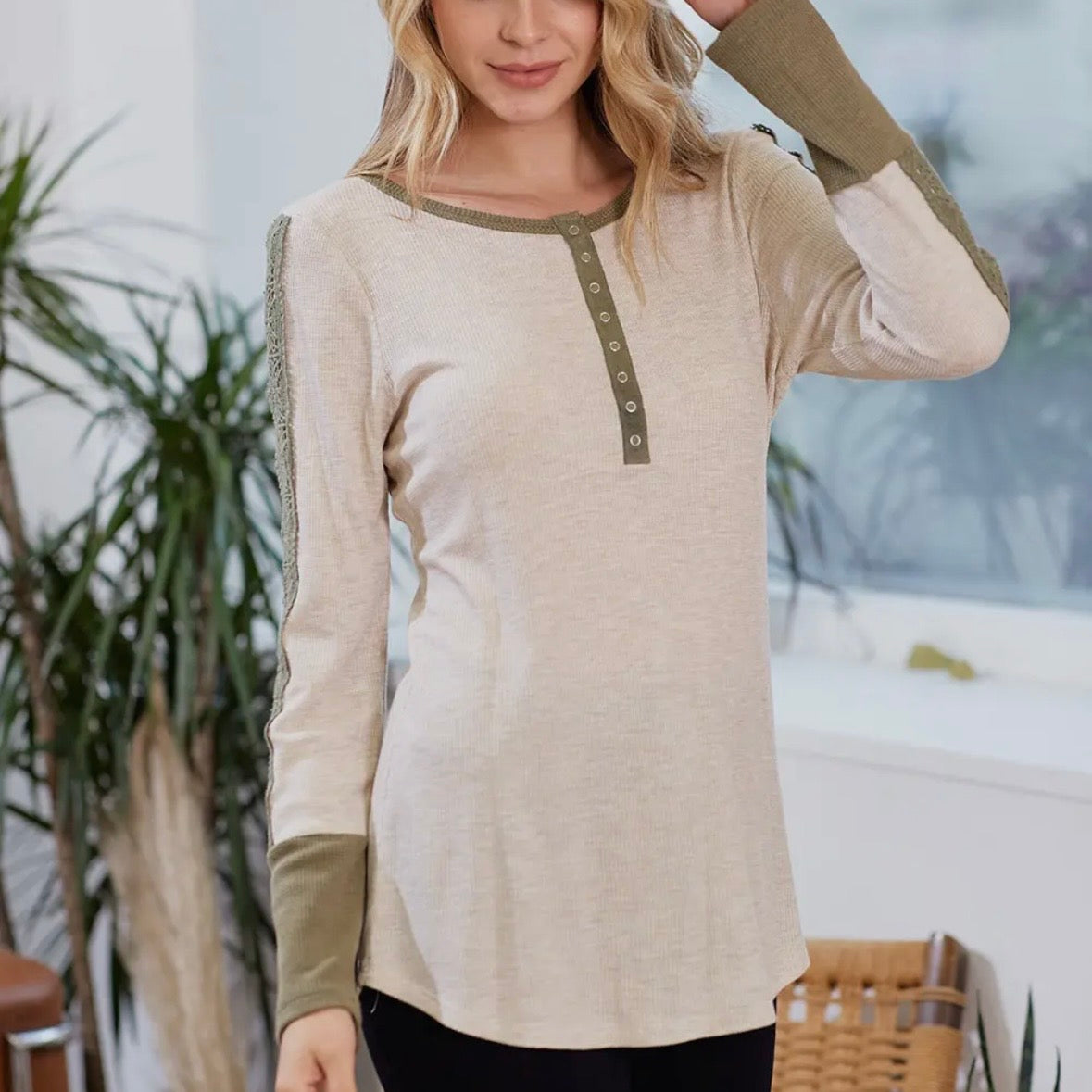 Olive Trim Thermal Top