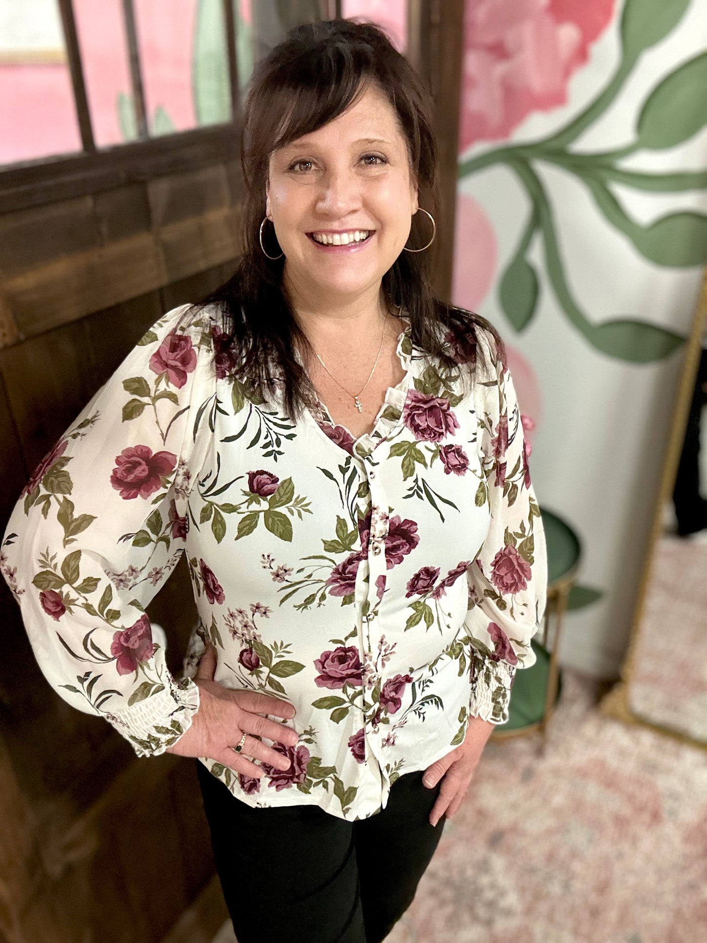 Ivory Floral Button Down Top