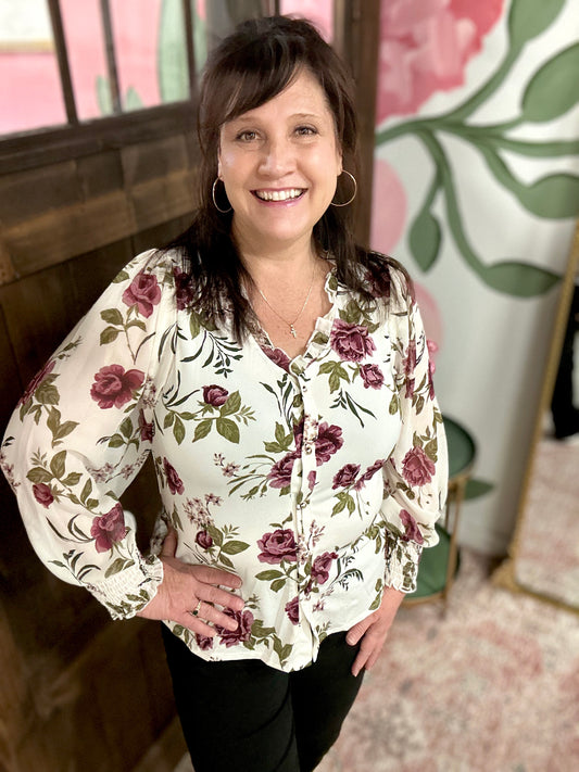 Ivory Floral Button Down Top