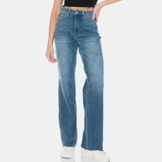 Judy blue tummy control cut raw hem straight jeans