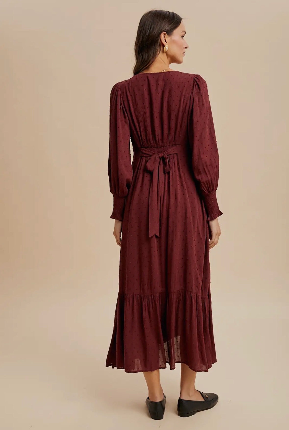 Burgundy Swiss Dot Button Down Dress