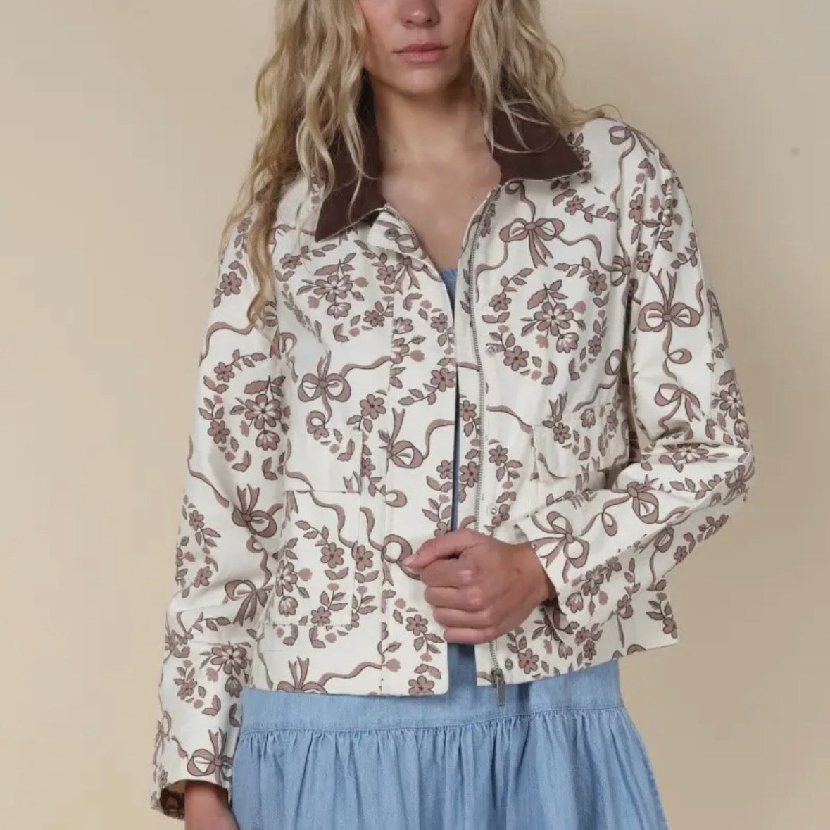 Cream Brown Ribbon Print Canvas Jacket