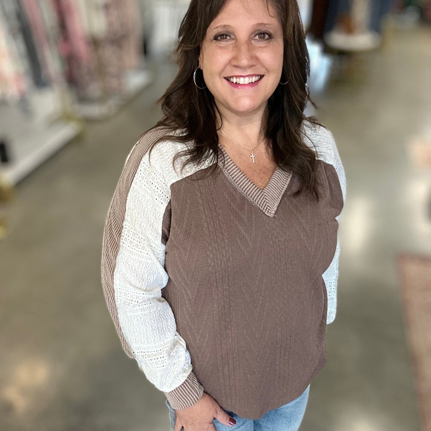 Grace In Layers Cable Knit Top - Mushroom