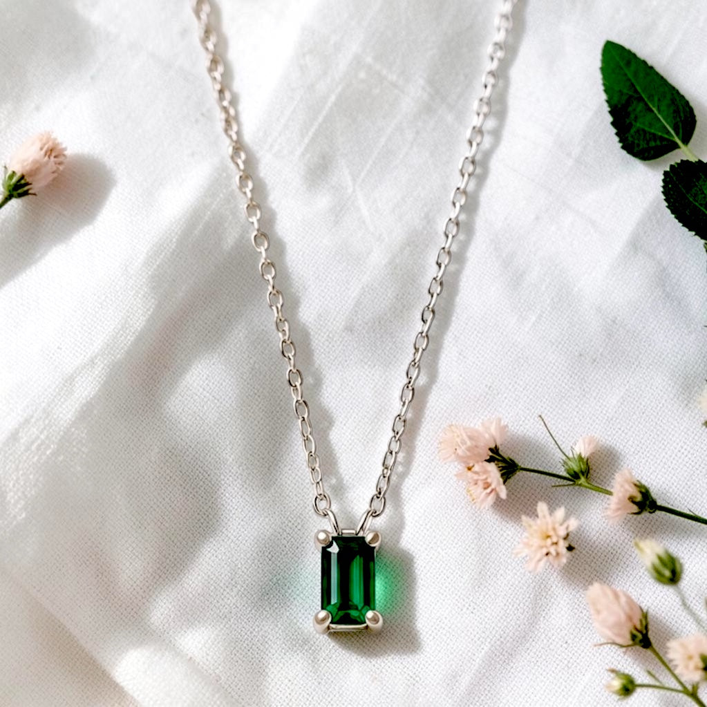 Emerald Baguette White Gold Filled Necklace