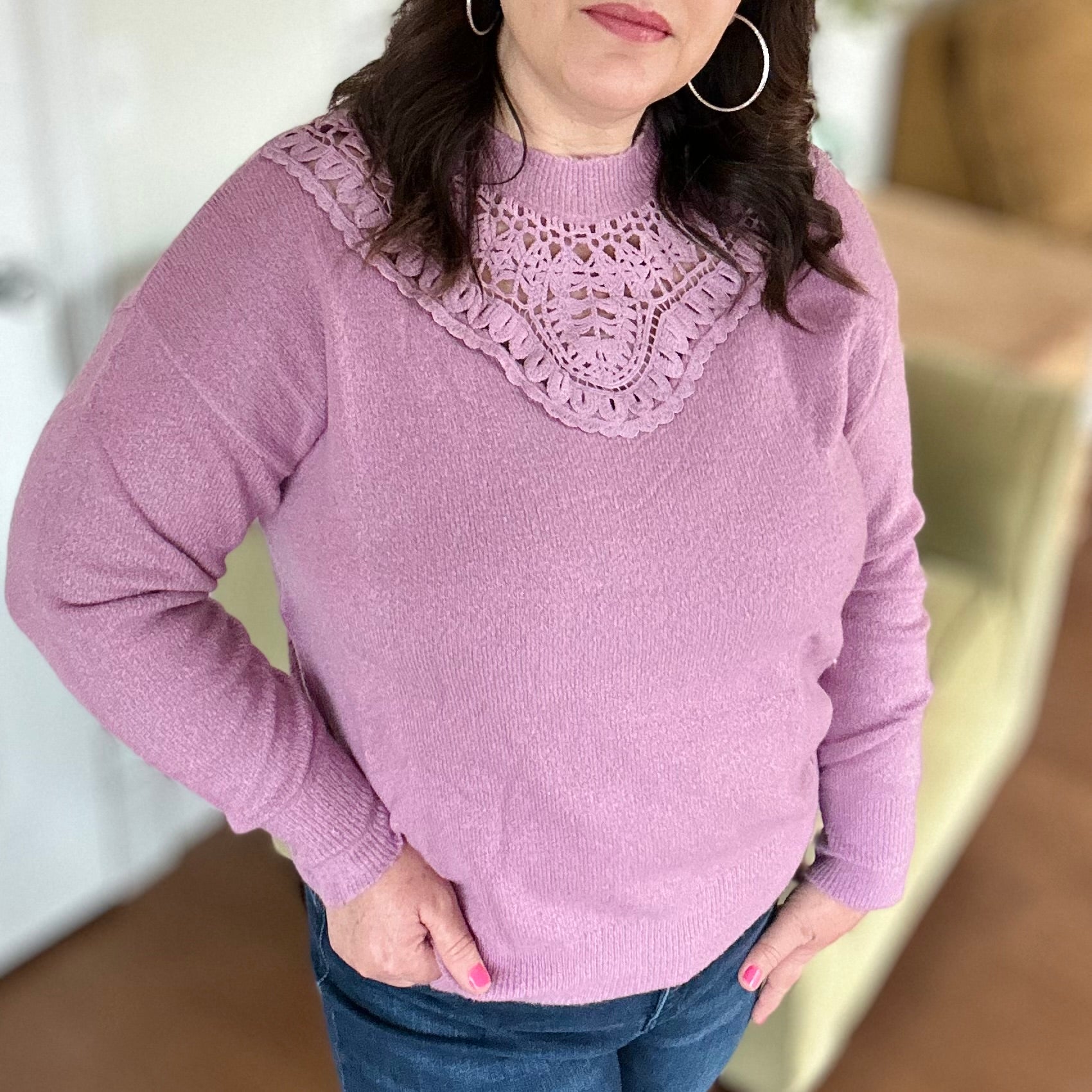 Mauve sweater with crochet lace trim detail