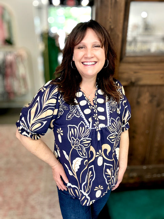 Navy Floral Print Puff Sleeve Top