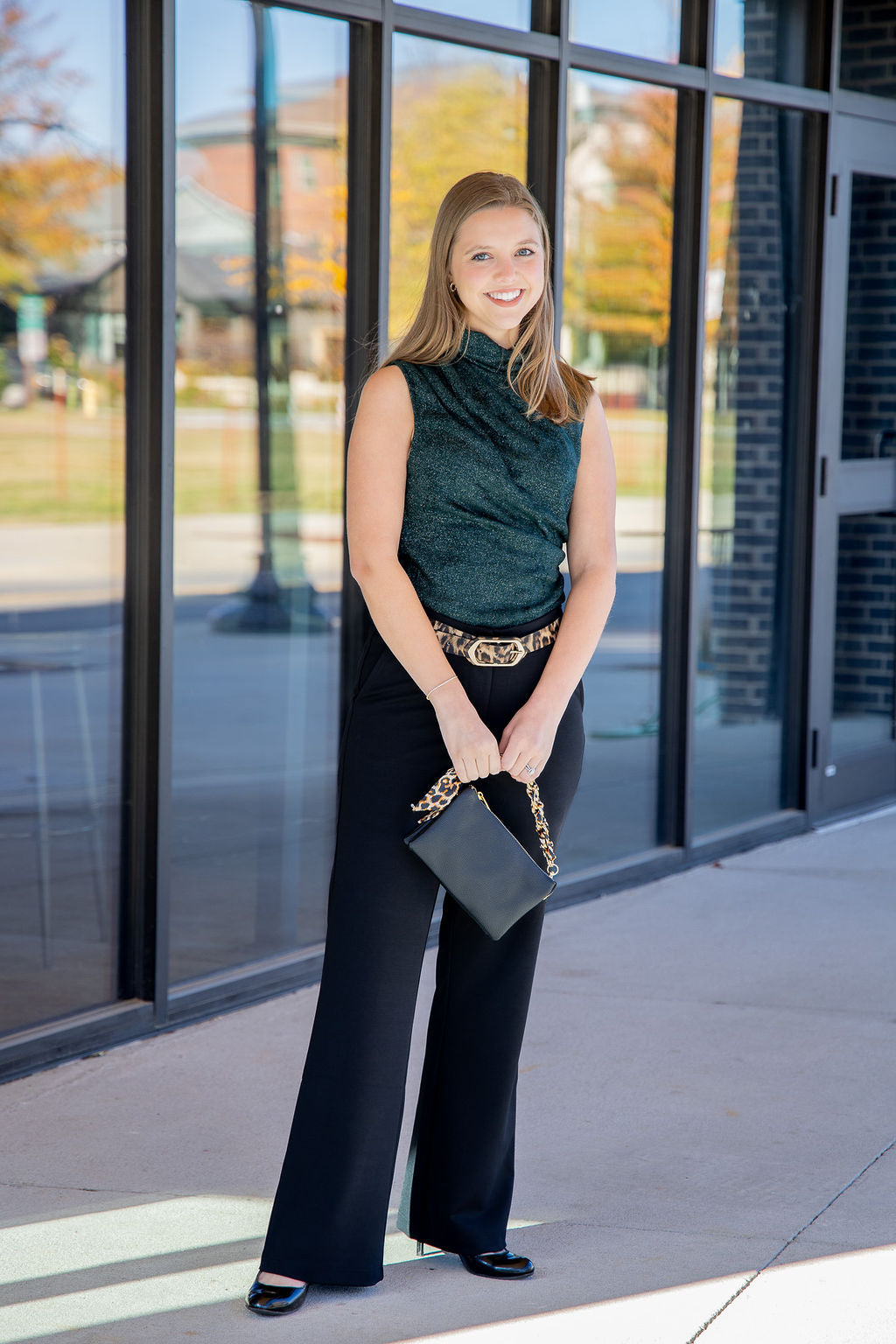 Hunter Green Sleeveless Shimmering Mock Neck Top