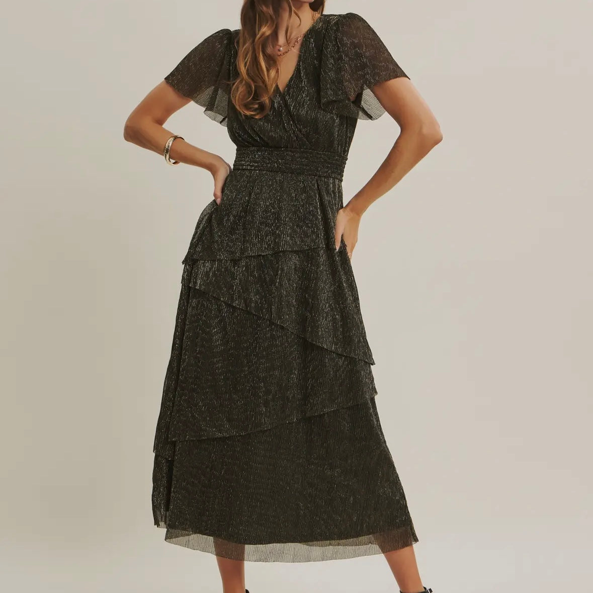 Black Metalic Ruffle Midi Dress