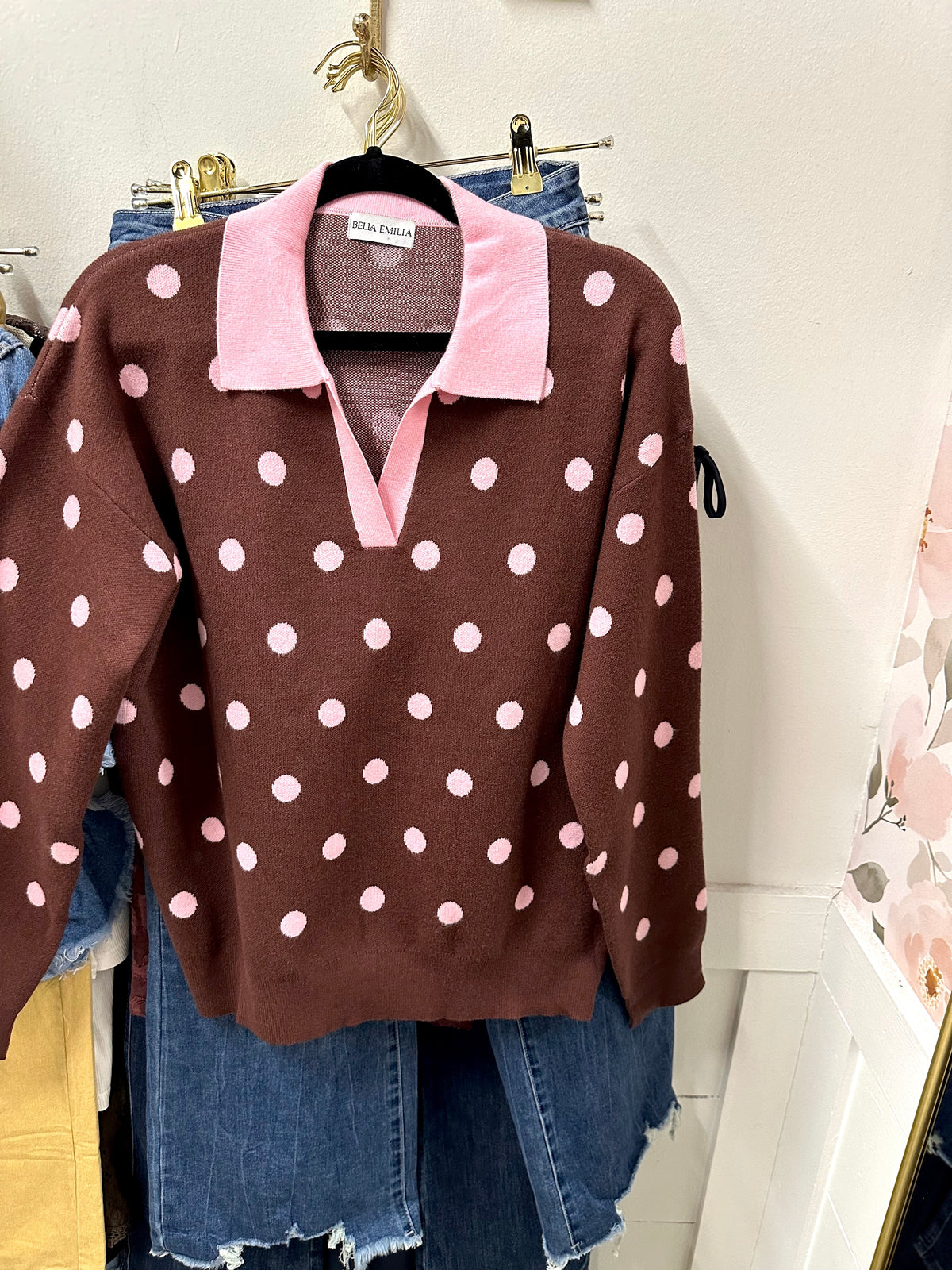 Bella Emilia Brown Pink Polka Dot Sweater