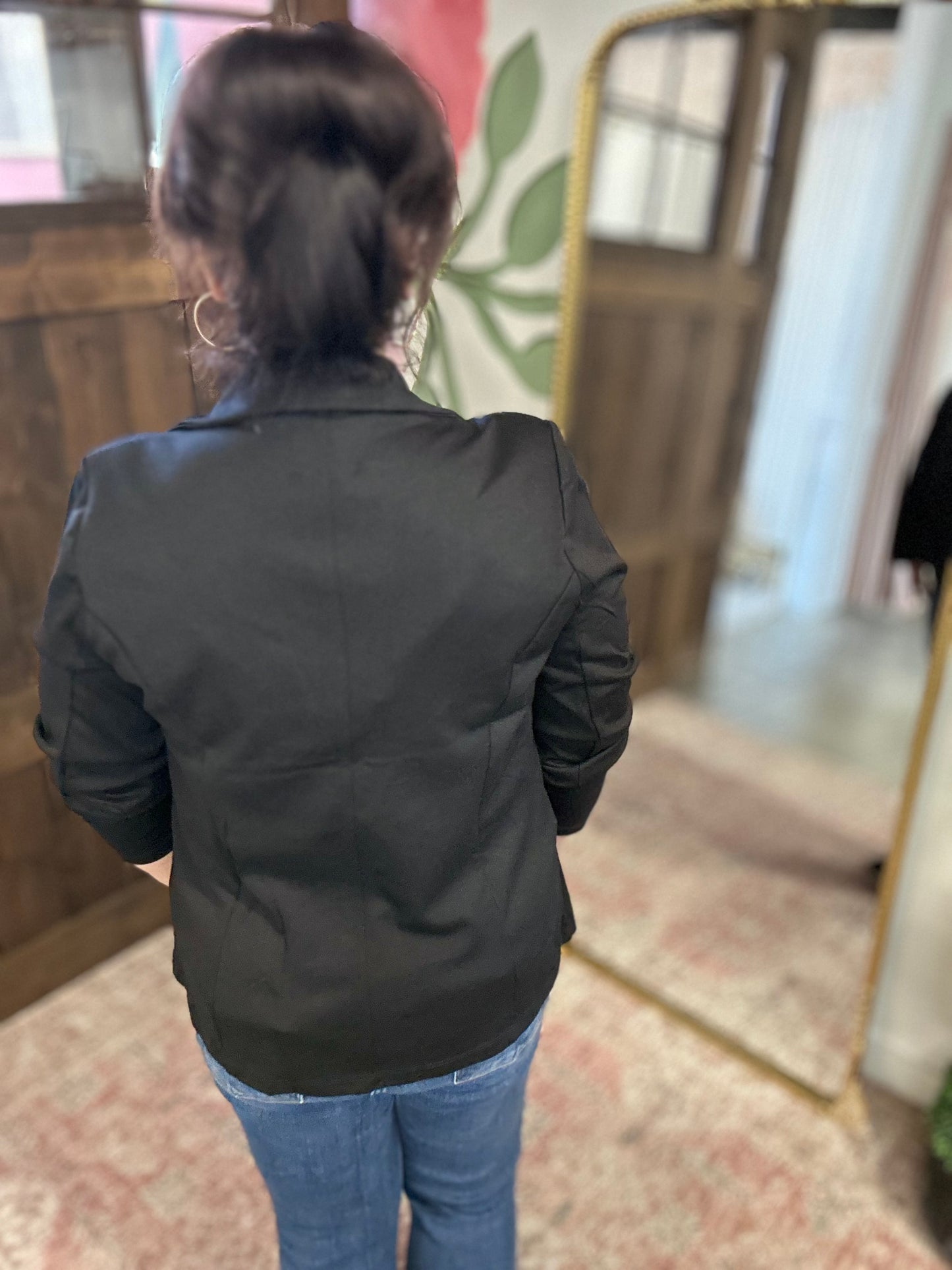Black Ponte Button Front Blazer