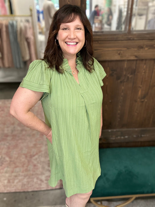 Sage Flutter Sleeve V-Neck Shift Dress