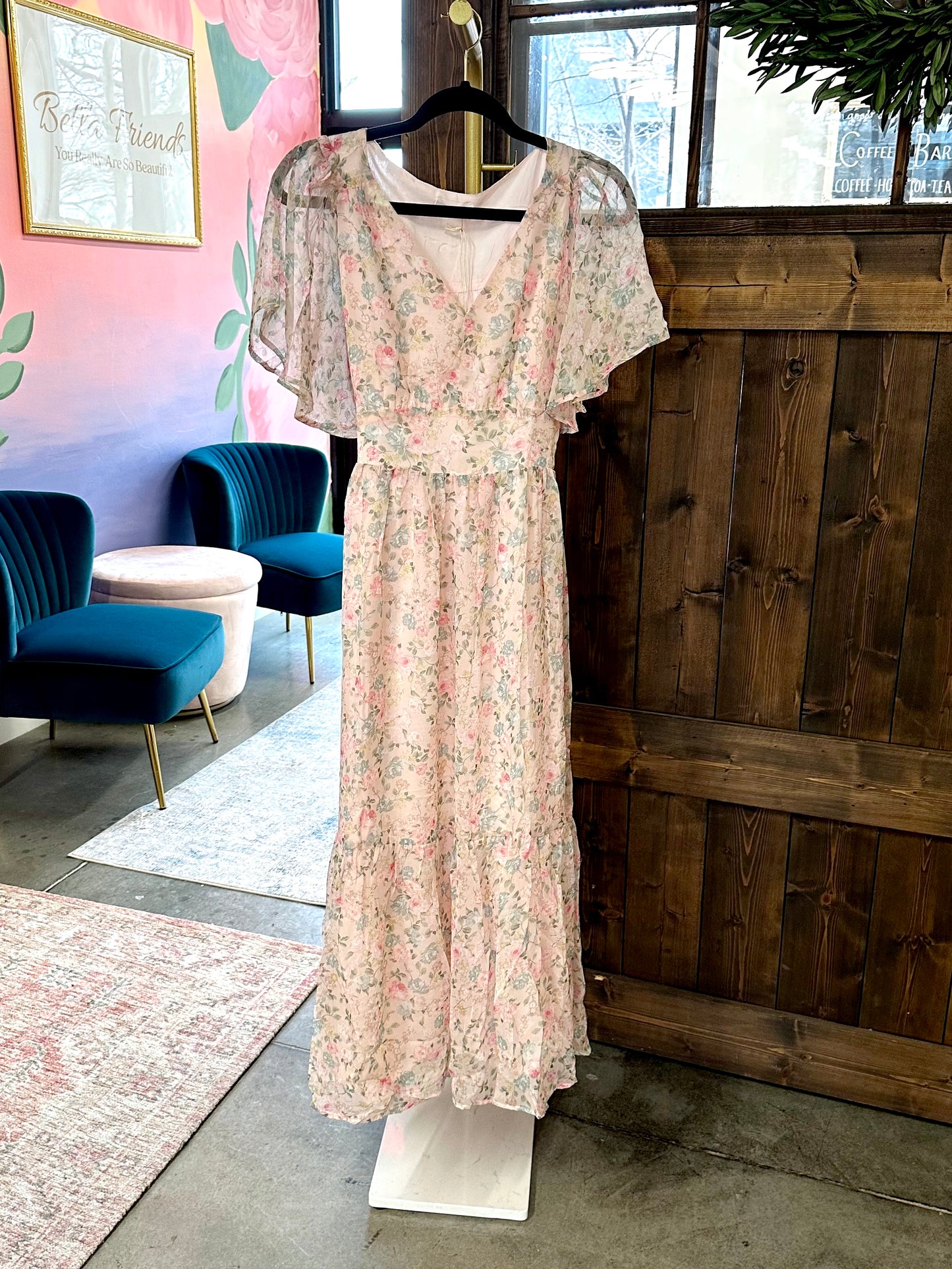 Pink Floral Flutter Sleeve Maxi Dress