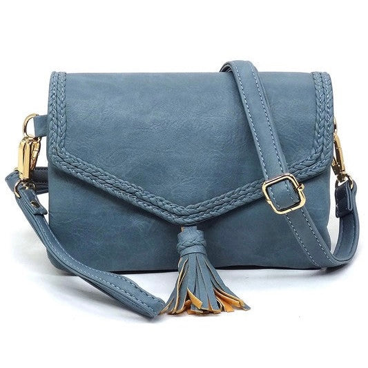 Blue tassel flap envelope clutch crossbody bag