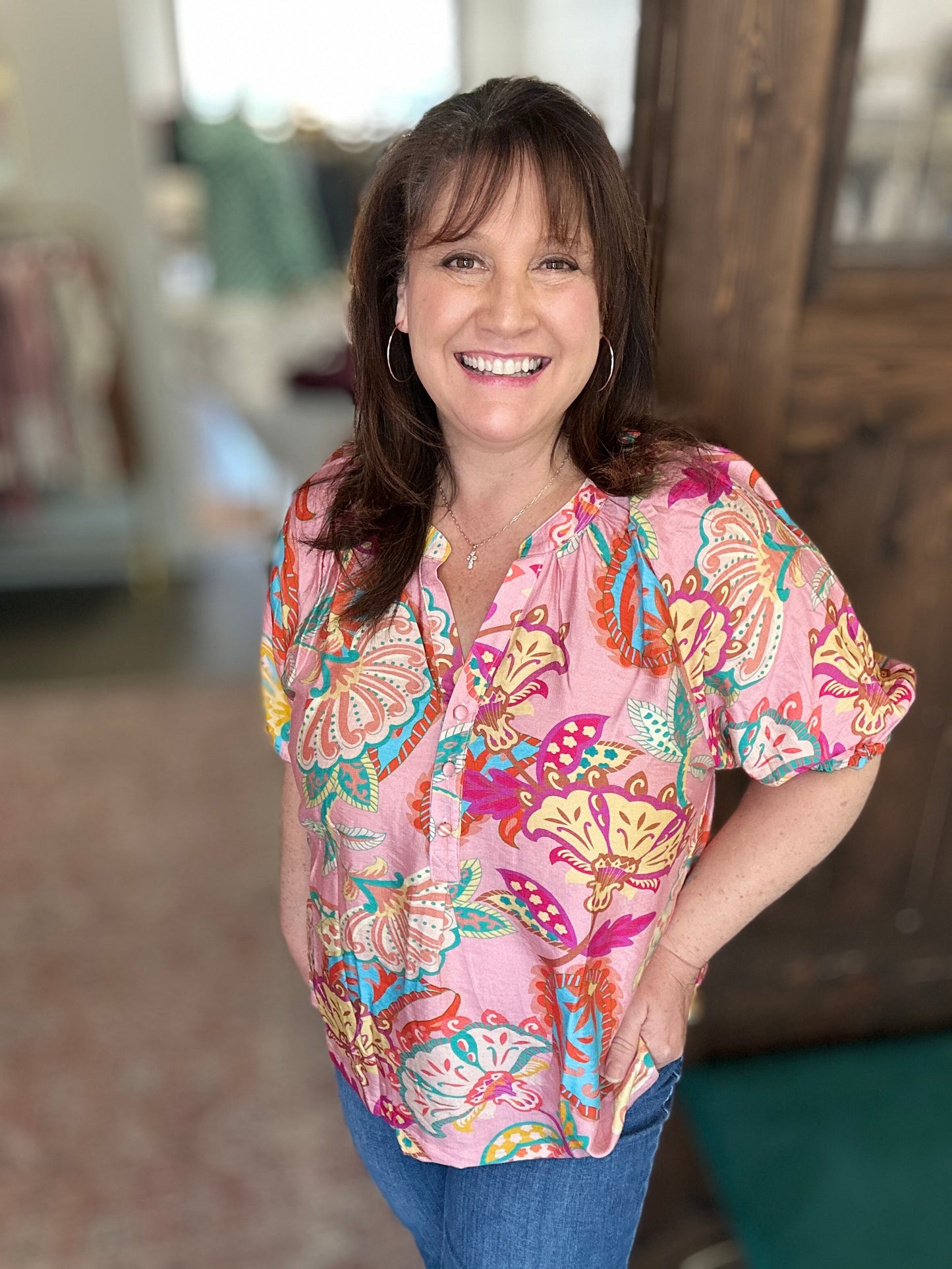 Pink Paisley Print V-Neck Top