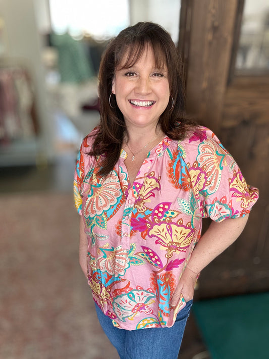 Pink Paisley Print V-Neck Top