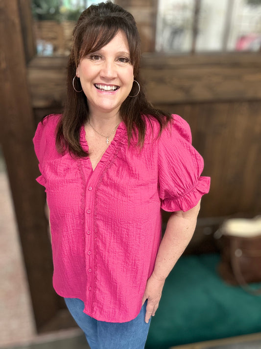 Hot Pink Textured Button-Front Puff Sleeve Top