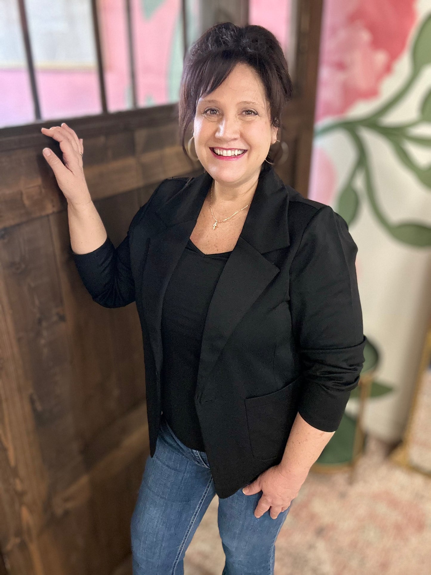 Black Ponte Button Front Blazer