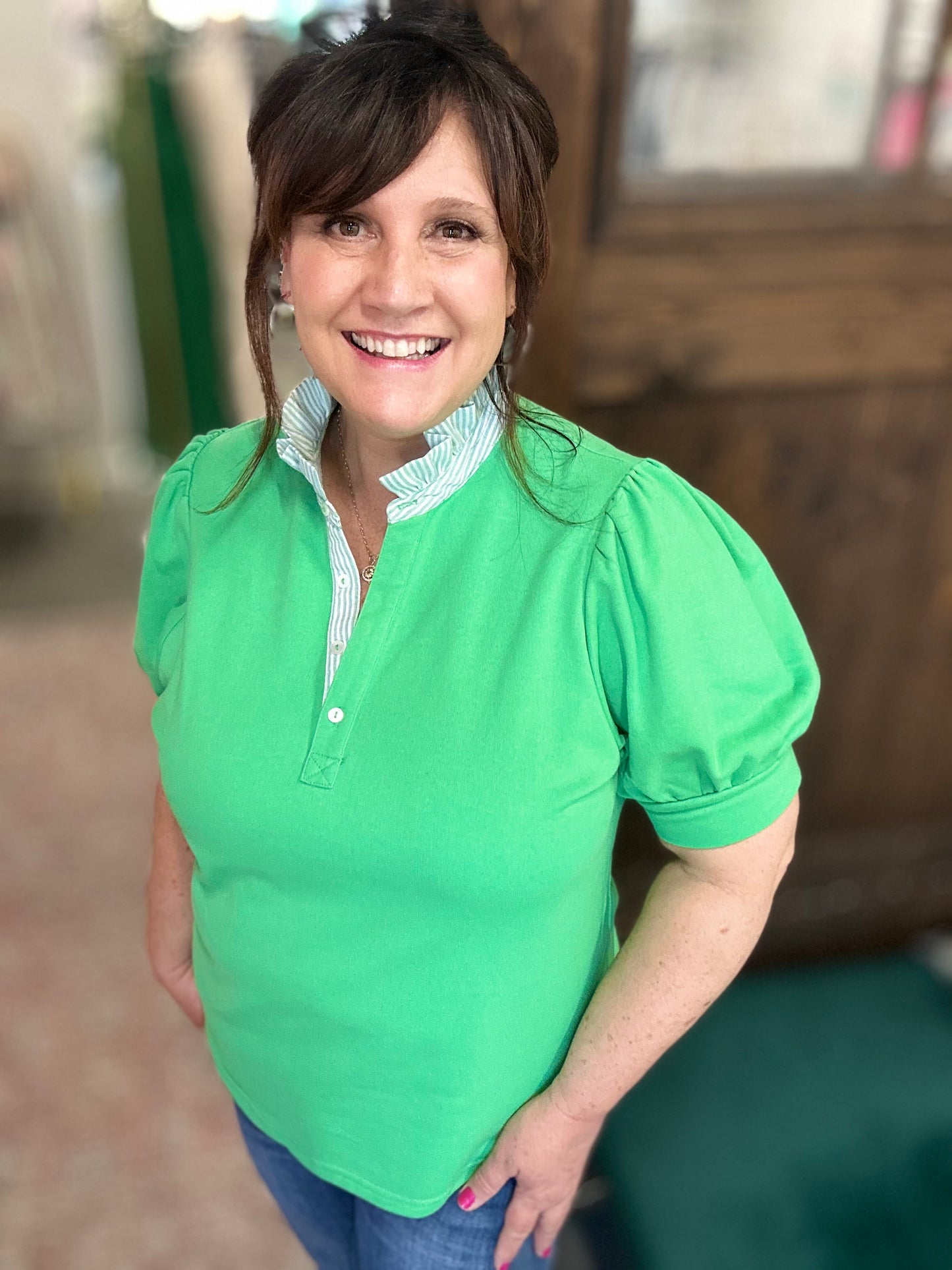 Striped Collar Popover Top - Apple Green