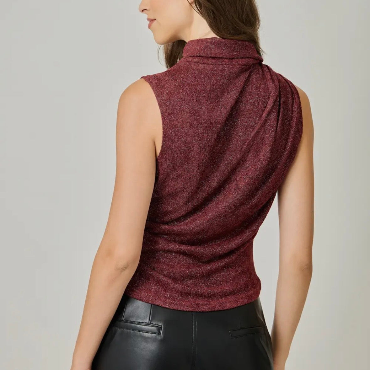Wine Sleeveless Shimmering Mock Neck Top