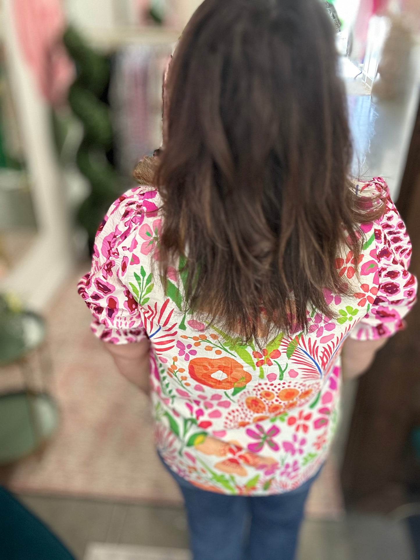 Pink Mix V-Neck Ruffle Trim Top