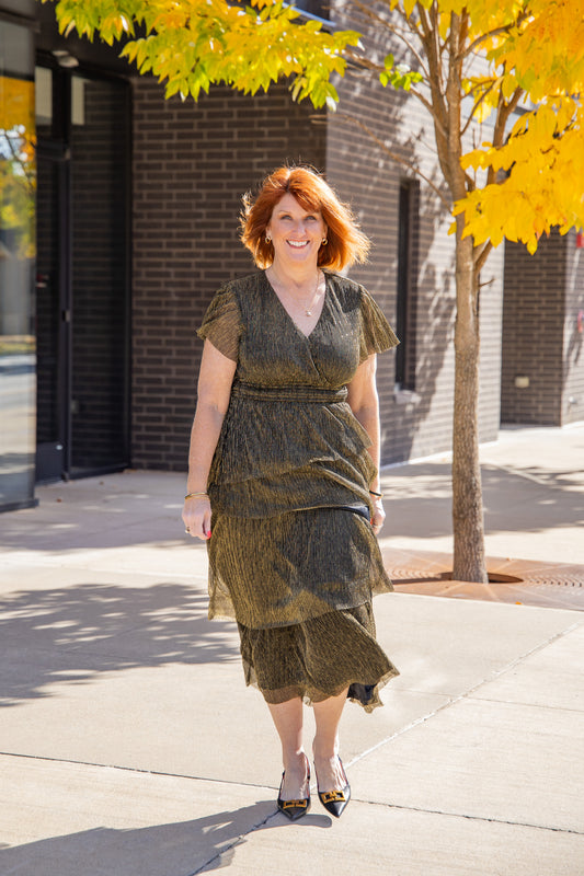 Black Metalic Ruffle Midi Dress