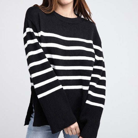 Black sweater with white stripes and side slit