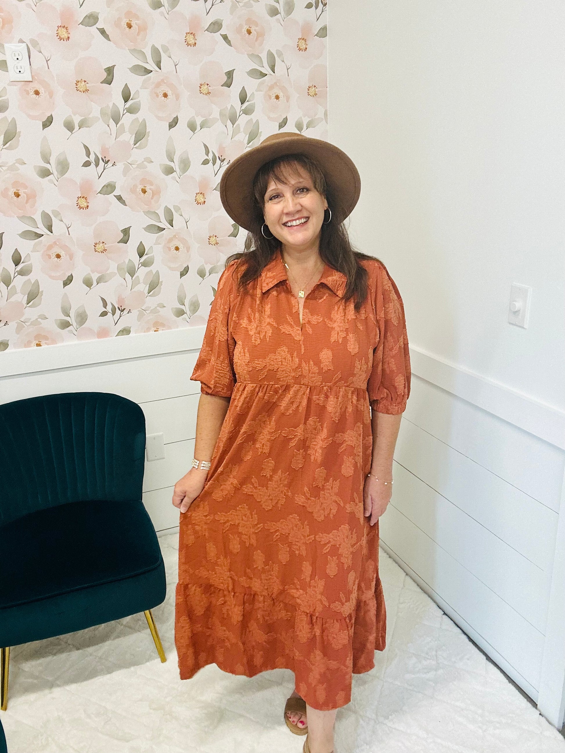 rust floral midi dress Rust Floral V-Neck Midi Dress