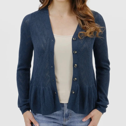 Pointelle Peplum Cardigan - Navy