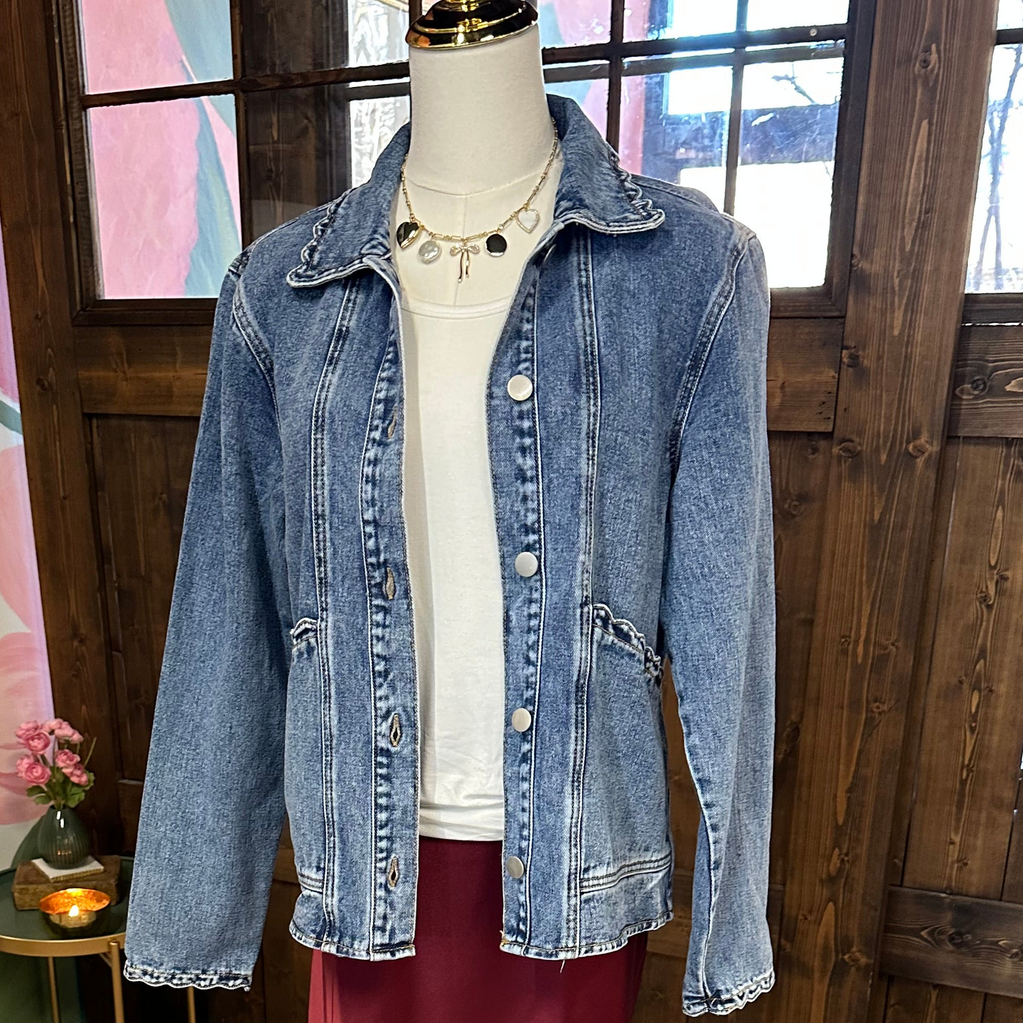 Dark Wash Scallop Trim Jean Jacket