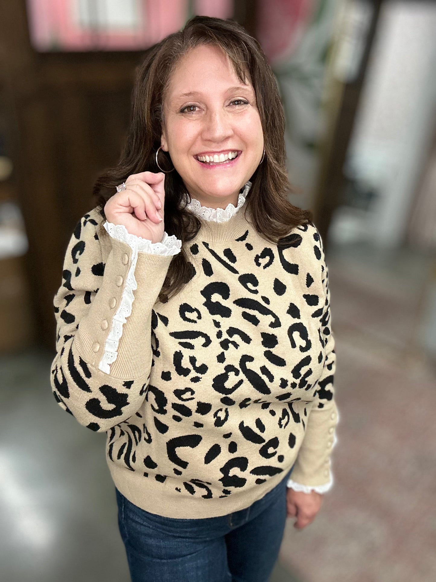 Brown Leopard Lace Trim Sweater