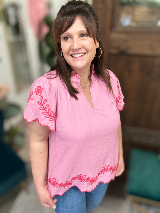 Peony Embroidered Scallop Top