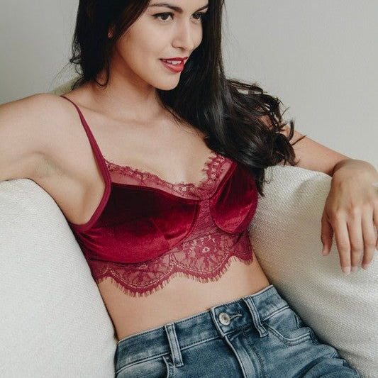 Wine velvet and lace half cami bralette