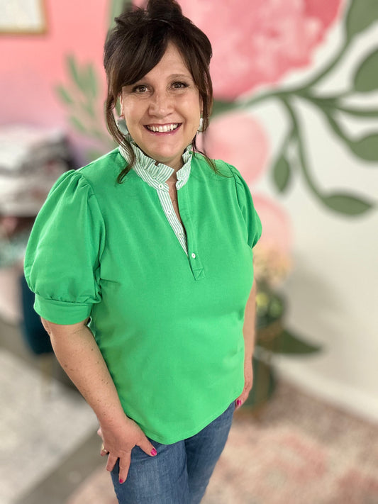 Striped Collar Popover Top - Apple Green