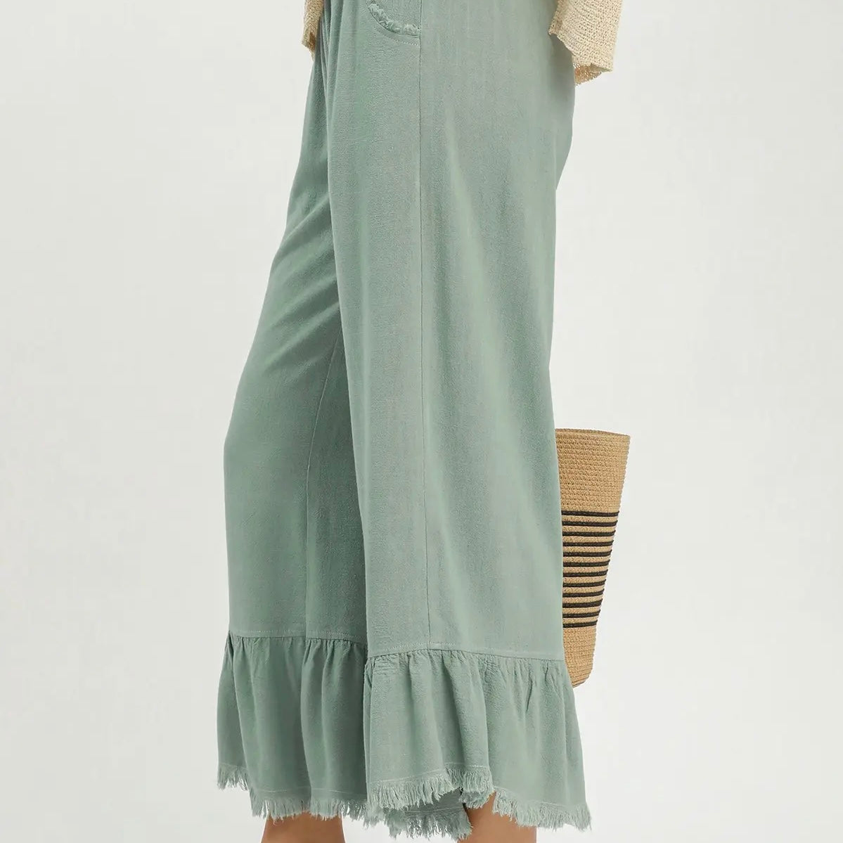 Sage Mint Linen Frayed Hem Ruffle Wide Leg Pants