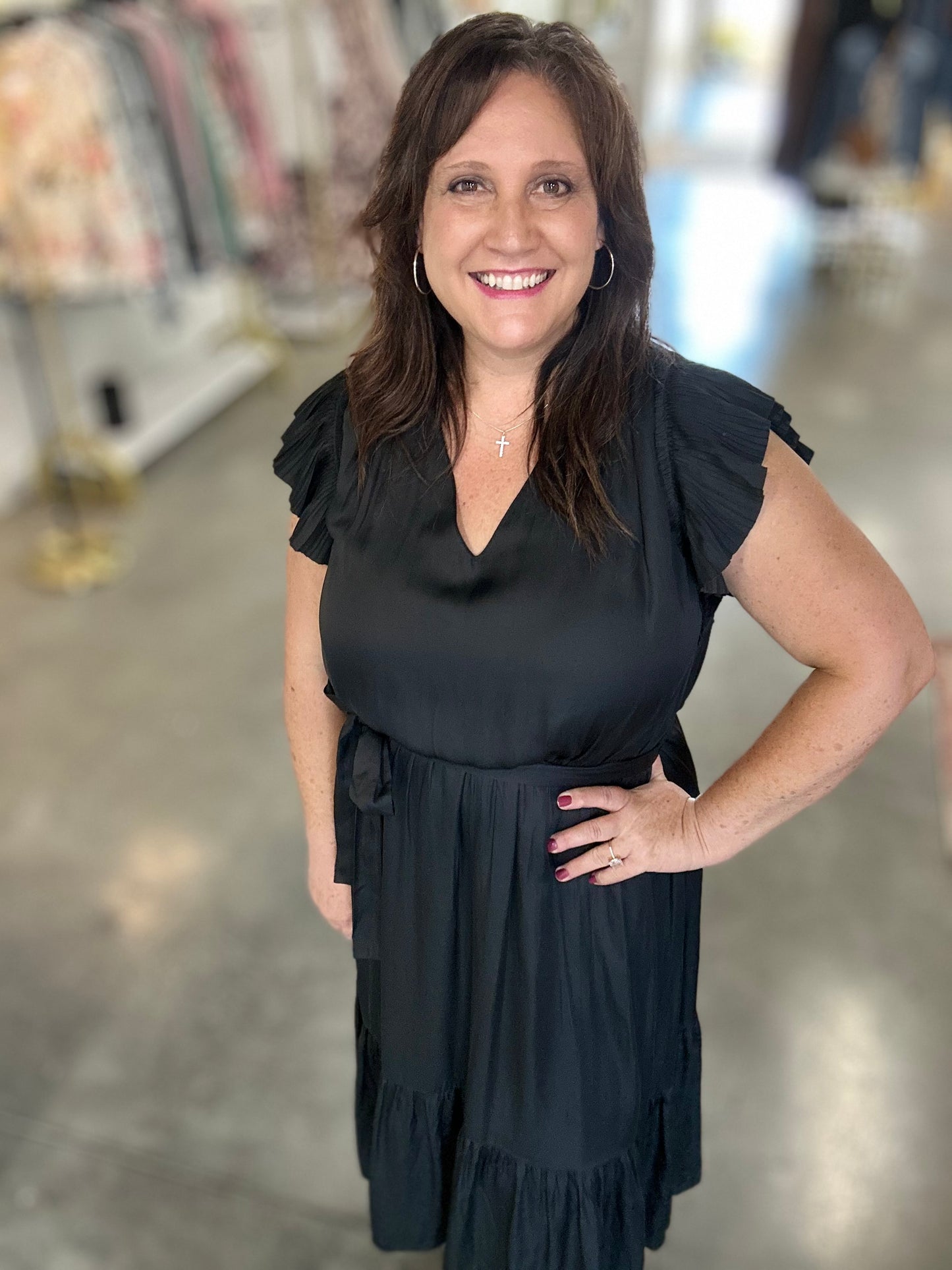 Black Fluttered Sleeve V-Neck Midi Dress