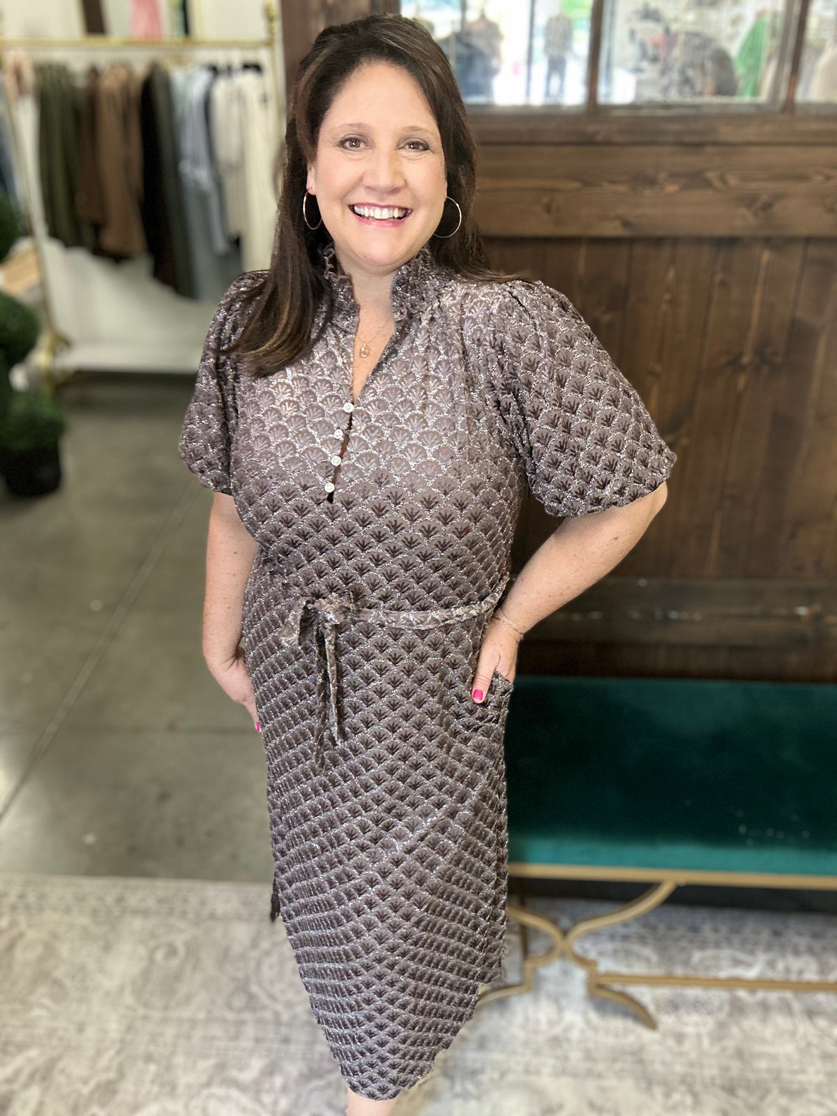 Silver Mink Metallic Burnout Print Midi Dress
