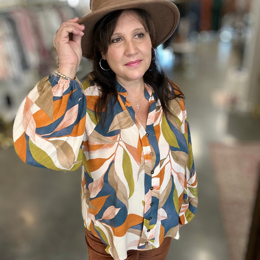 Indigo Leaf Print Blouse