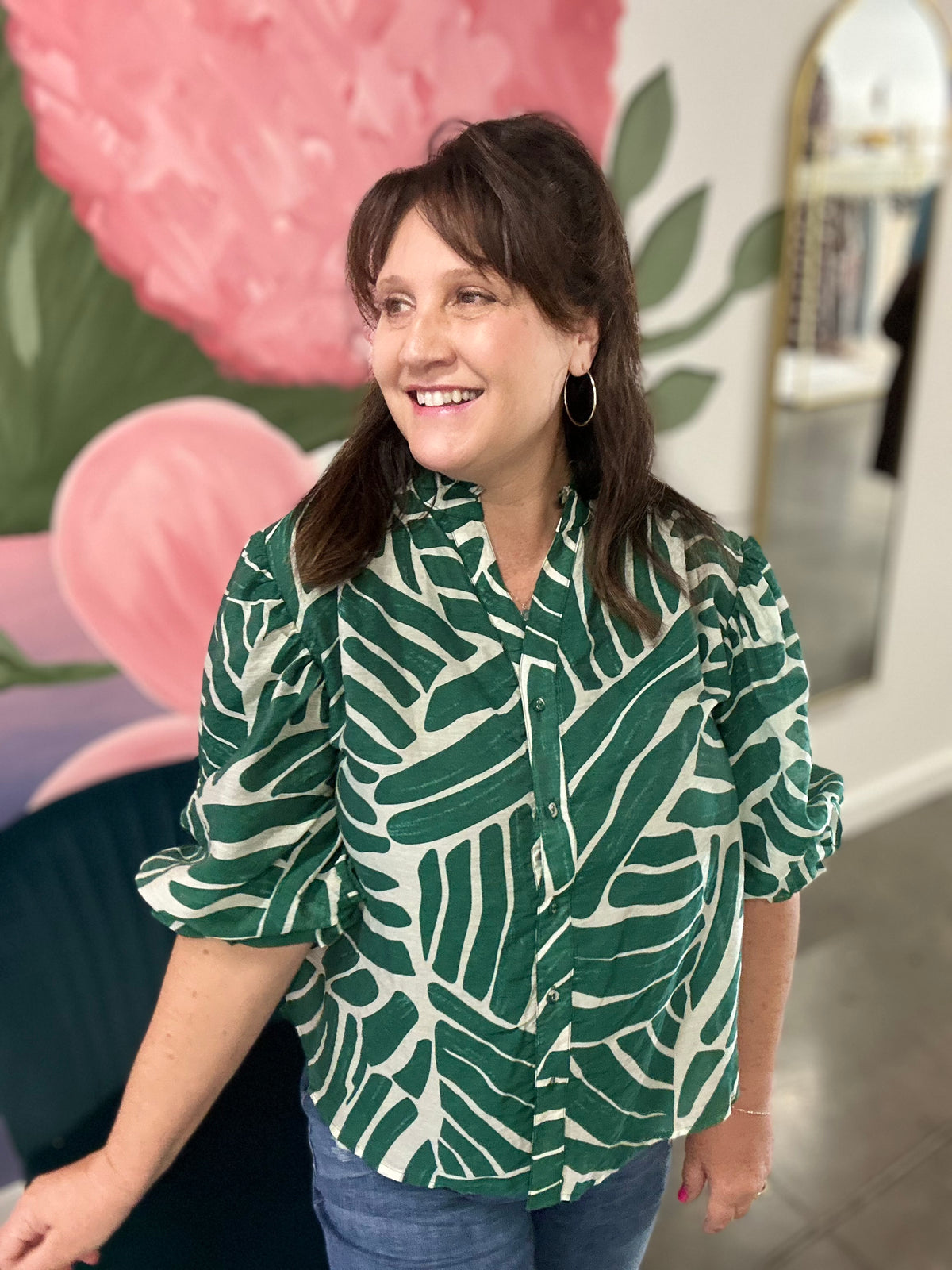 Green Mix Balloon Sleeve Top