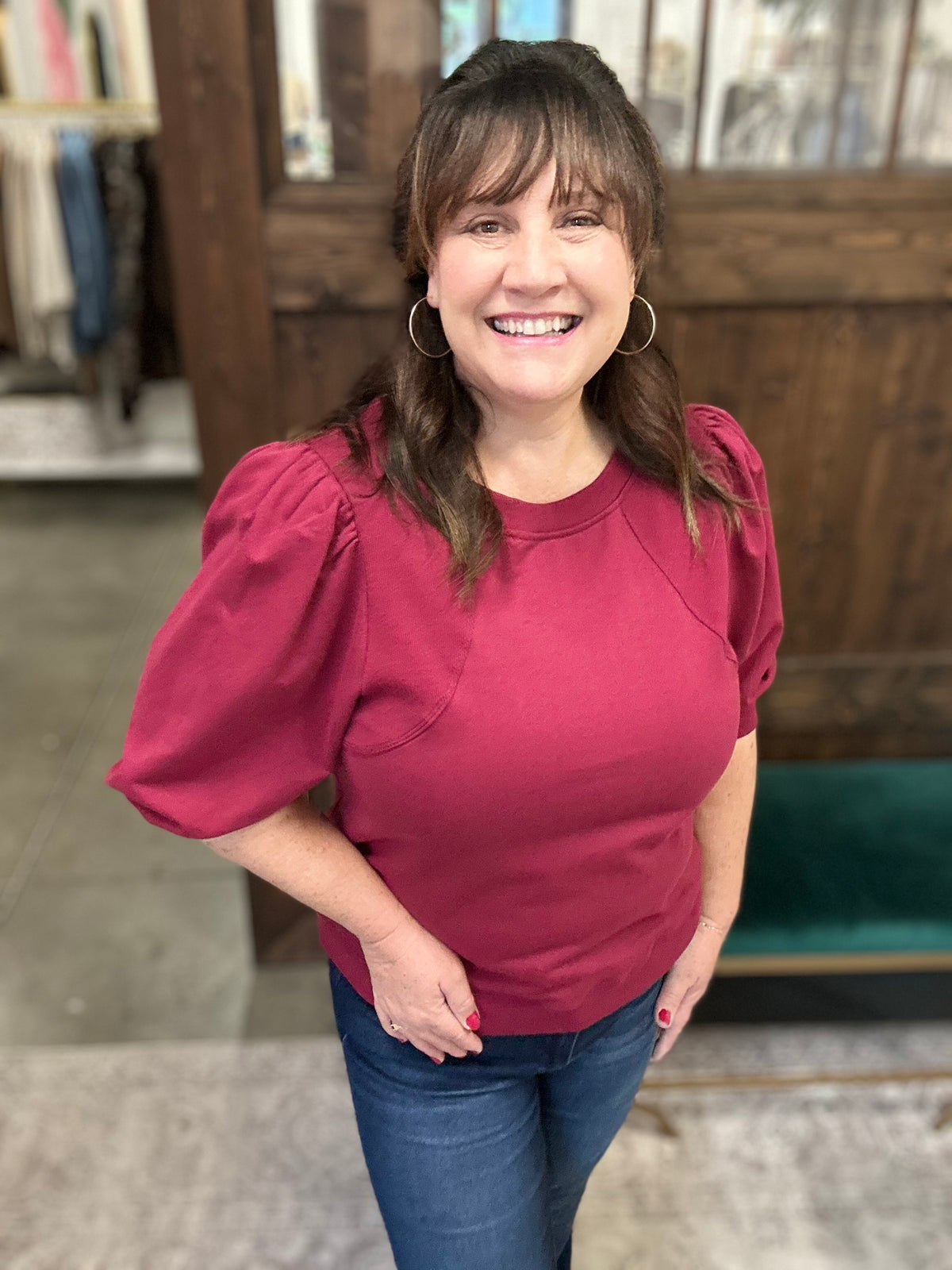 Wine French Terry Round Neck Top w/ Contrast Rib Details