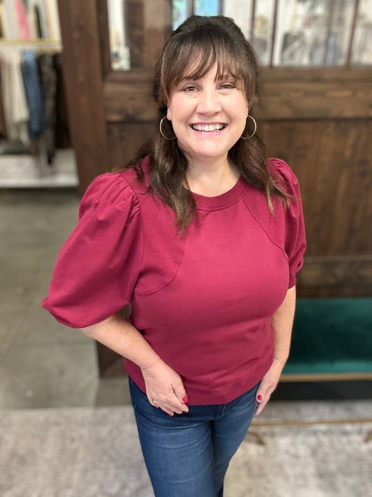 Wine French Terry Round Neck Top w/ Contrast Rib Details