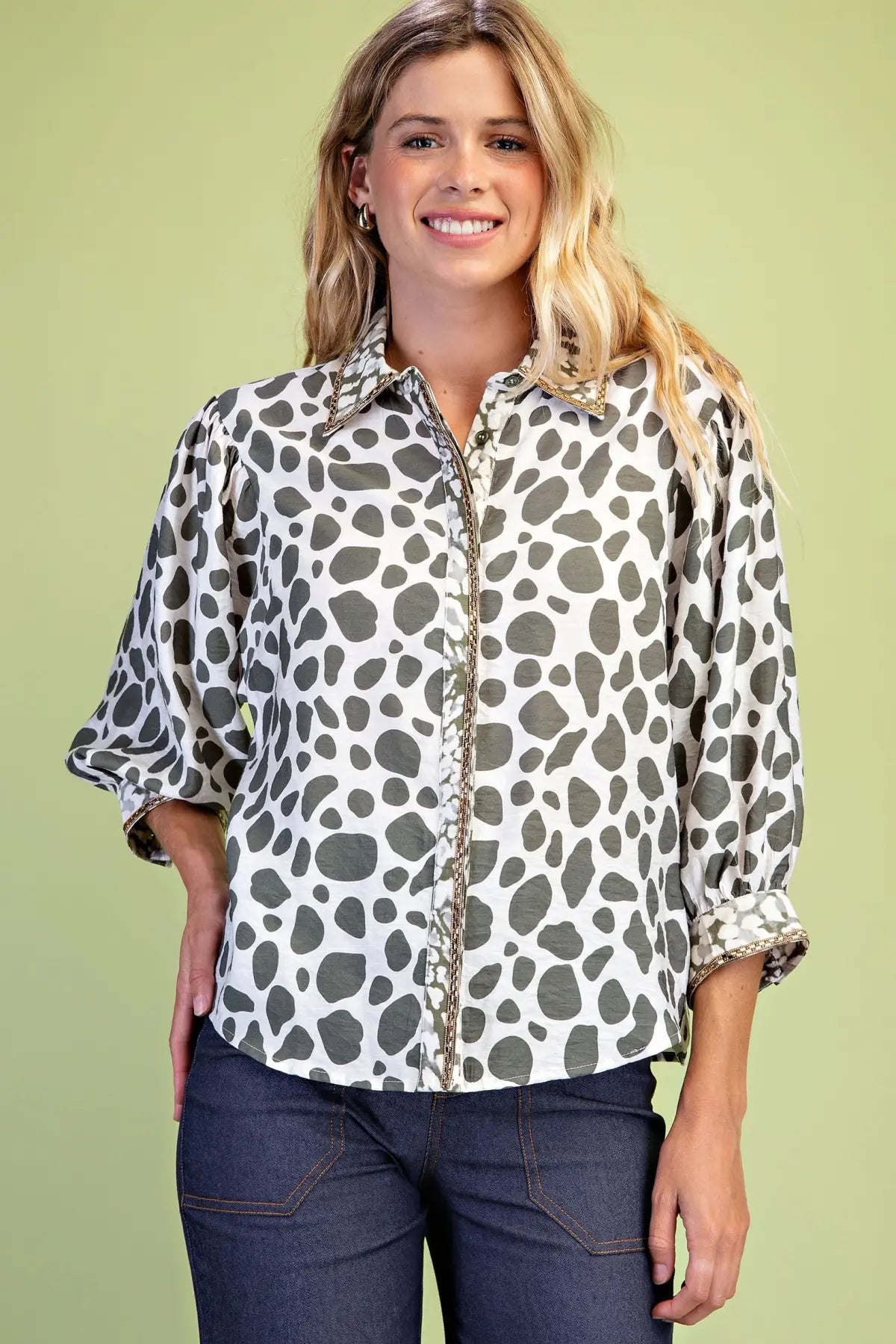 Dark Forest Mixed Print Top with Rhinestone Trim
