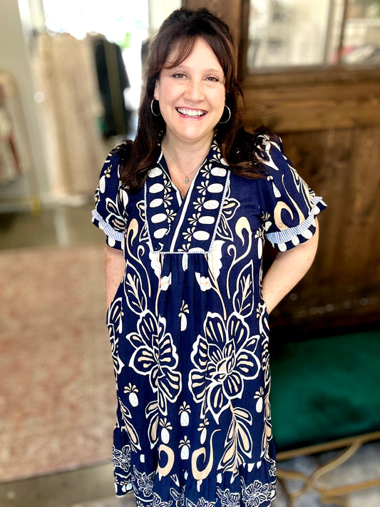 Navy Floral Print Tiered Midi Dress