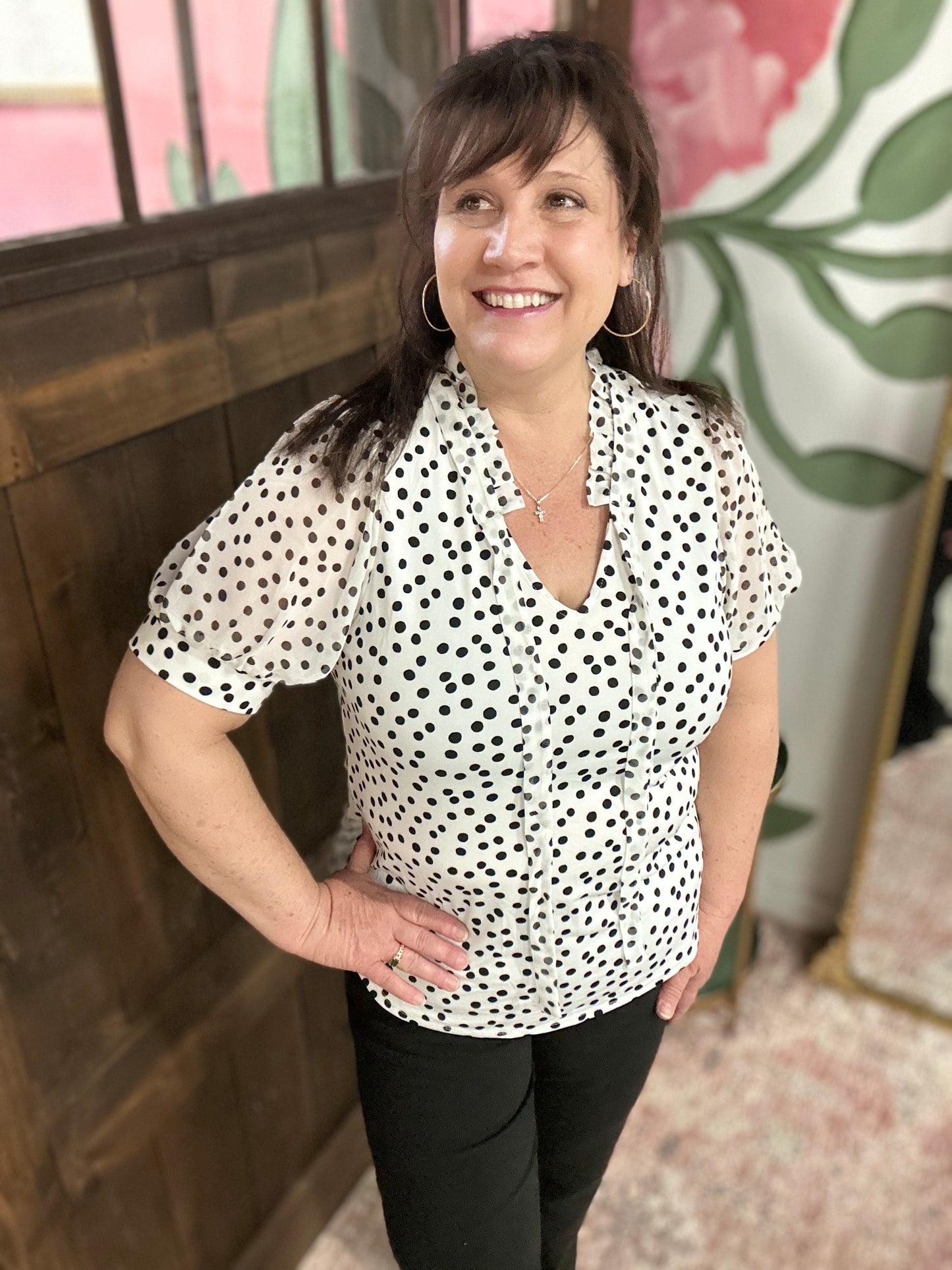 Ivory Black Polka Dot Tie Neck Top