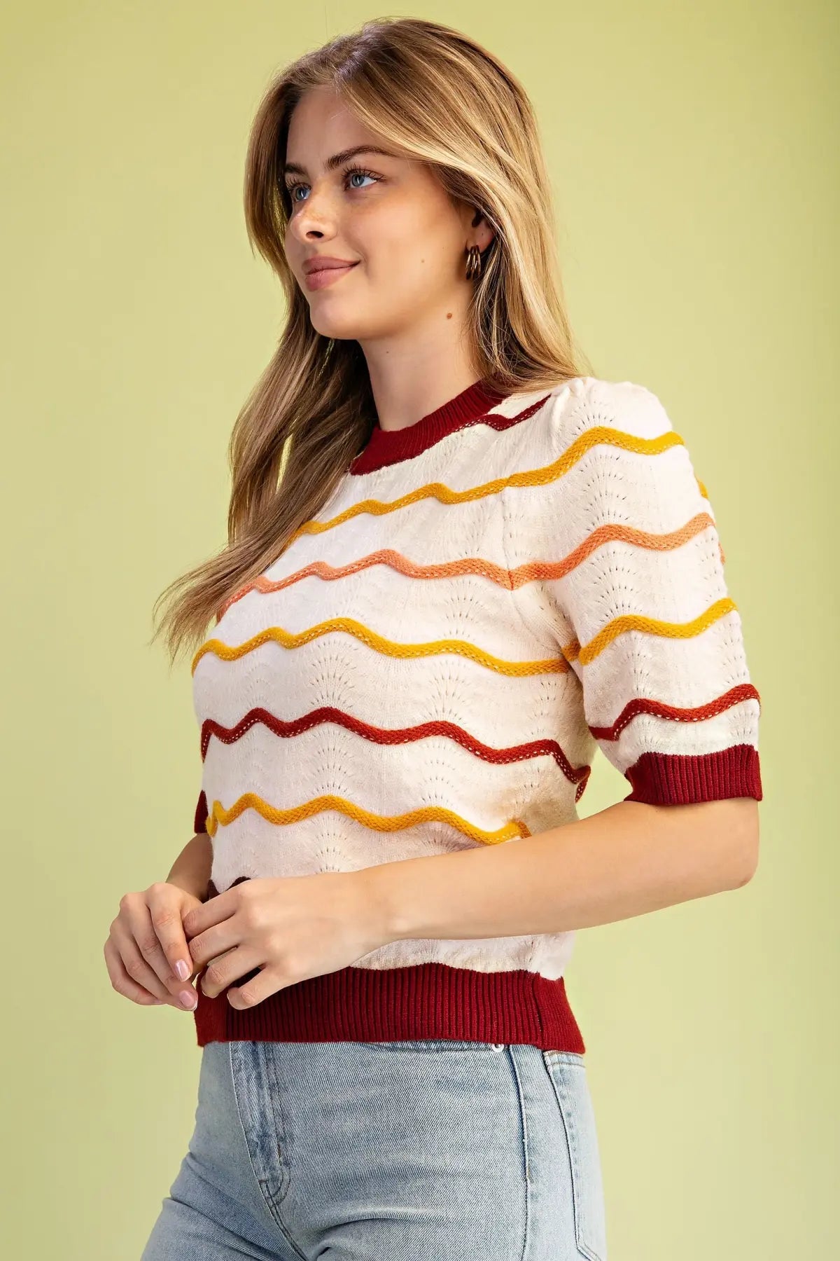 Ivory Mix Pointelle Knit Short Sleeve Sweater w/ Wave Details