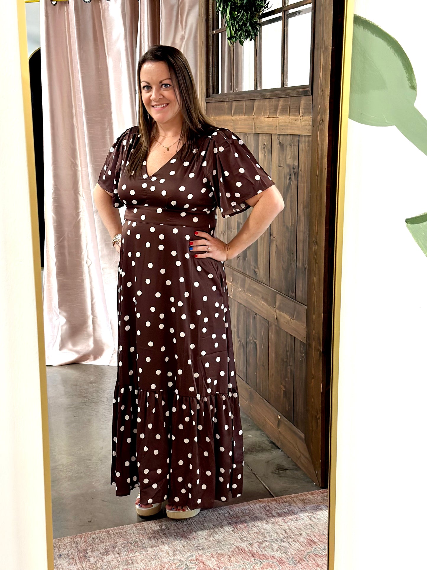 Brown Polka Dot Flutter Sleeve Maxi Dress