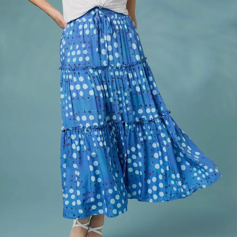 Blue Verbena Dot Print Tiered Maxi Skirt