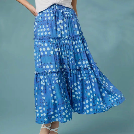 Blue Verbena Dot Print Tiered Maxi Skirt